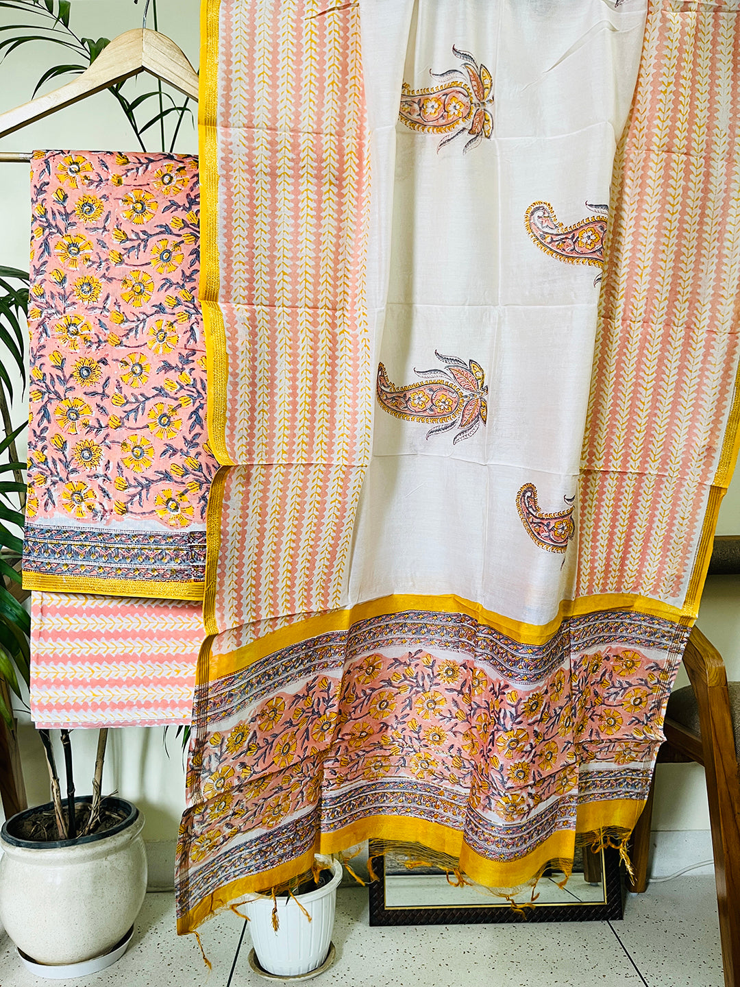 BLOCK PRINTED PEACH BLOSSOMS CHANDERI UNSTITCHED SUIT