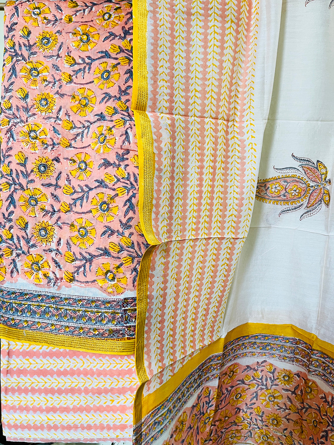 BLOCK PRINTED PEACH BLOSSOMS CHANDERI UNSTITCHED SUIT