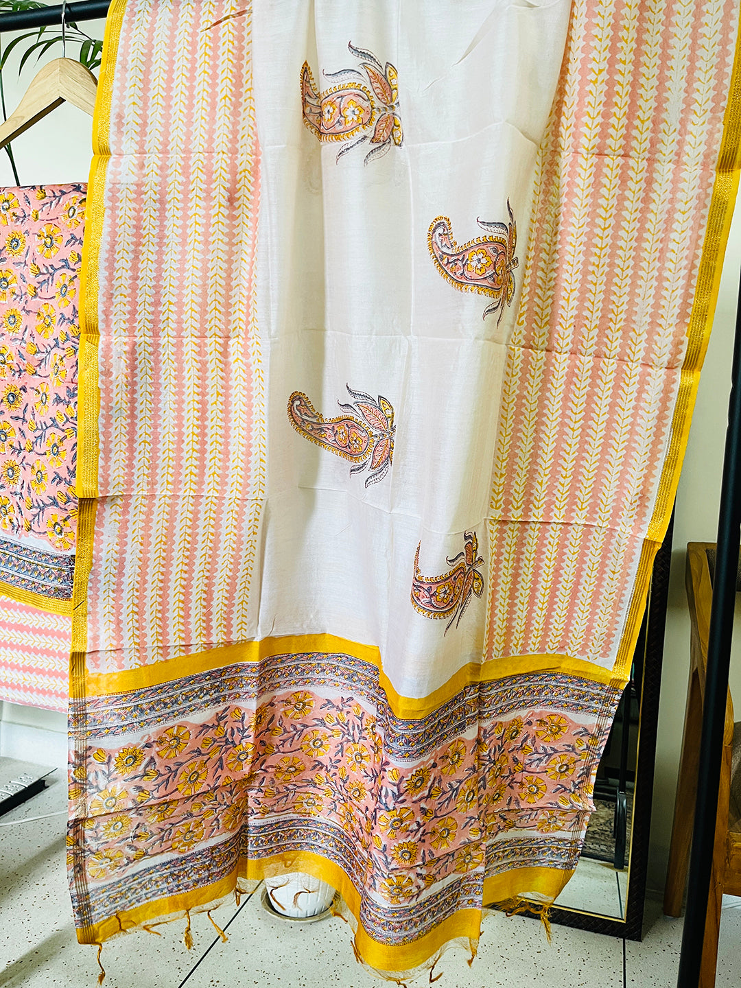 BLOCK PRINTED PEACH BLOSSOMS CHANDERI UNSTITCHED SUIT