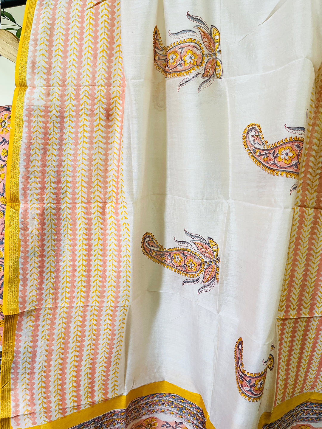 BLOCK PRINTED PEACH BLOSSOMS CHANDERI UNSTITCHED SUIT