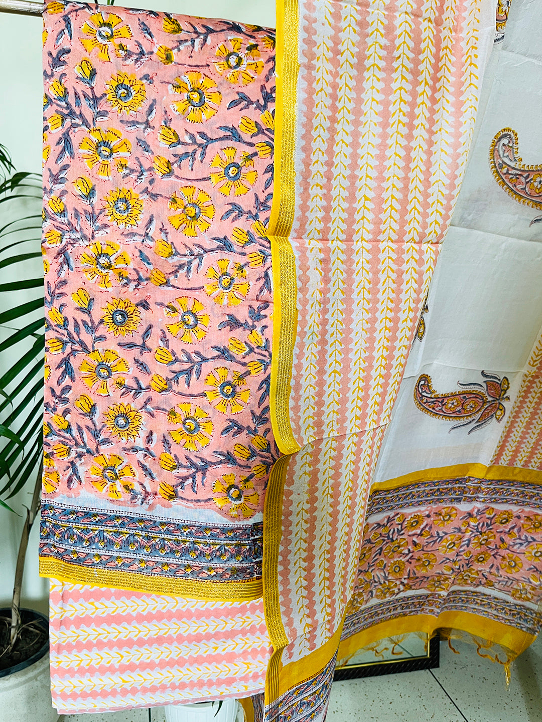 BLOCK PRINTED PEACH BLOSSOMS CHANDERI UNSTITCHED SUIT