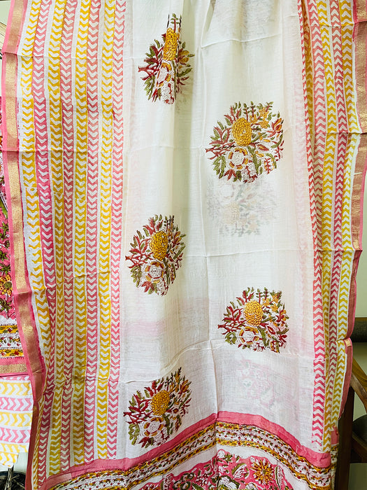 BLOCK PRINTED FLORAL GARDEN CHANDERI UNSTITCHED SUIT- PINK