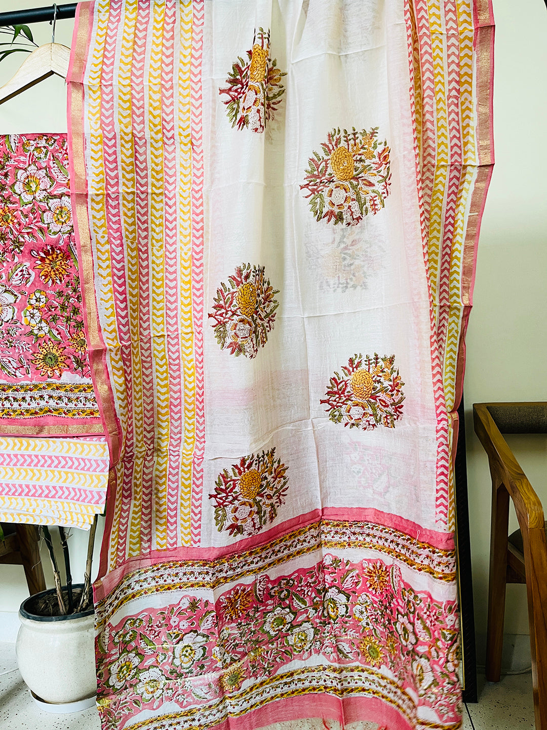 BLOCK PRINTED FLORAL GARDEN CHANDERI UNSTITCHED SUIT- PINK