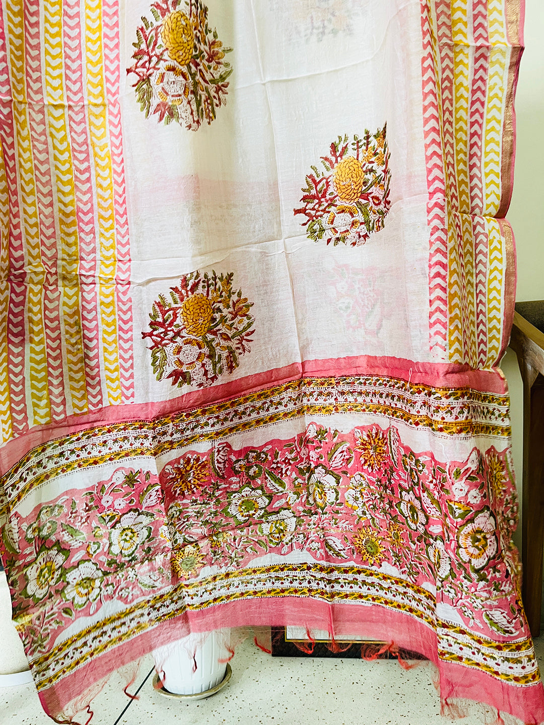 BLOCK PRINTED FLORAL GARDEN CHANDERI UNSTITCHED SUIT- PINK