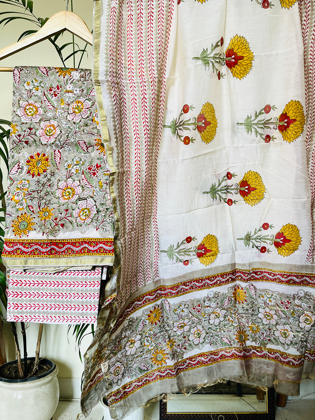 BLOCK PRINTED FLORAL GARDEN CHANDERI UNSTITCHED SUIT-SMOKE