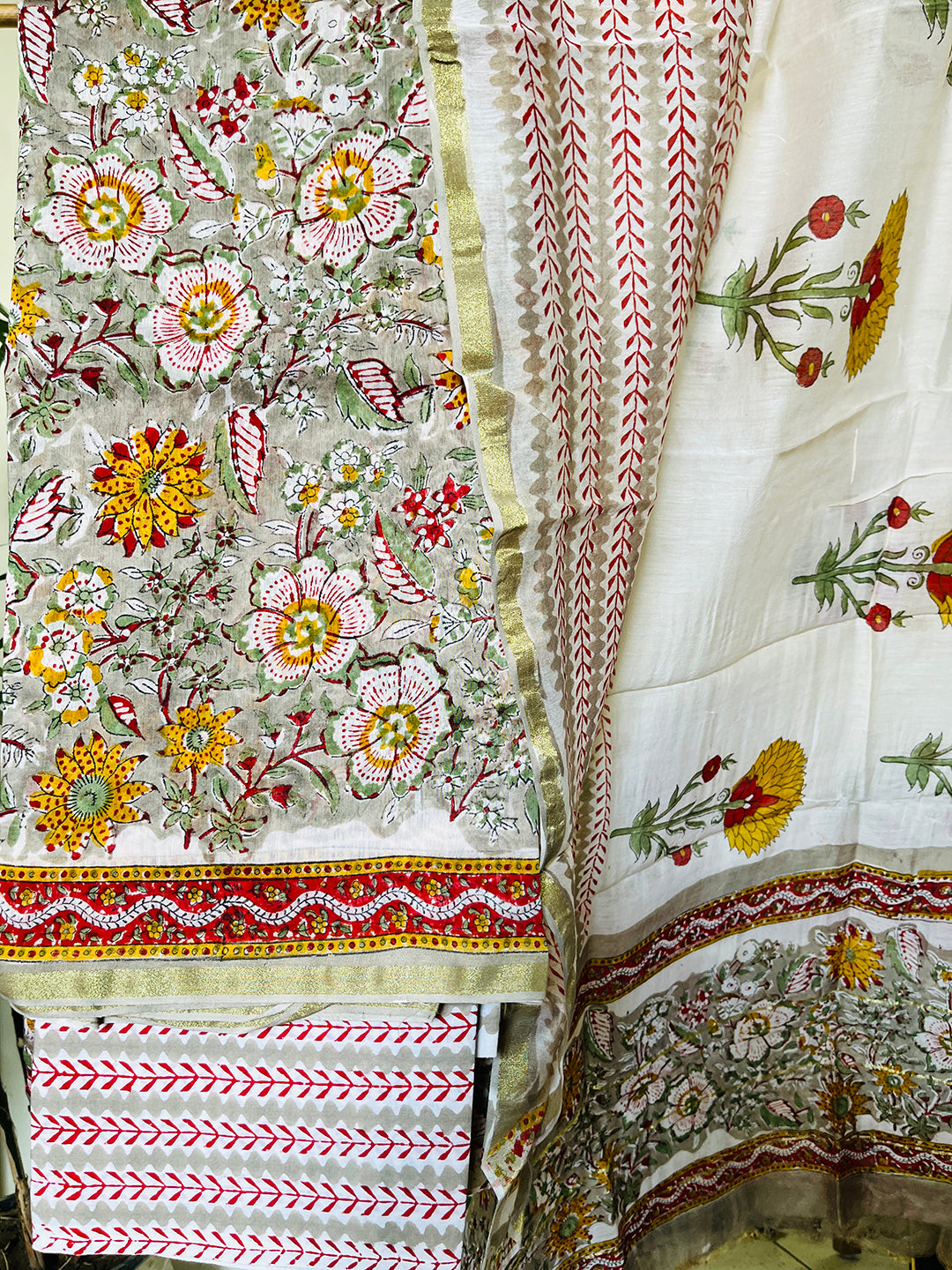 BLOCK PRINTED FLORAL GARDEN CHANDERI UNSTITCHED SUIT-SMOKE