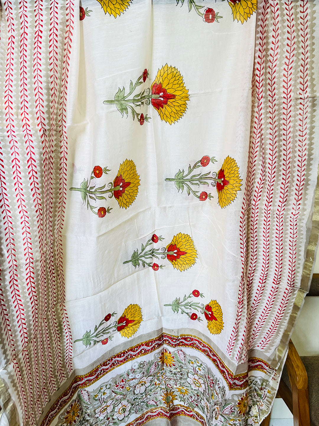 BLOCK PRINTED FLORAL GARDEN CHANDERI UNSTITCHED SUIT-SMOKE