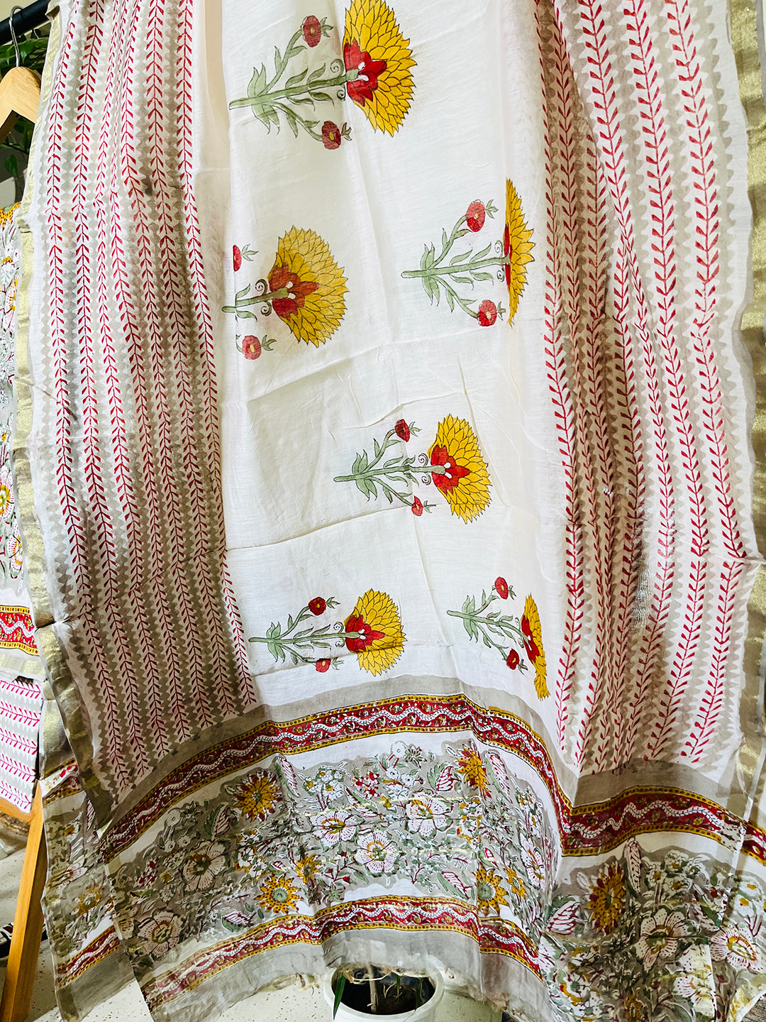 BLOCK PRINTED FLORAL GARDEN CHANDERI UNSTITCHED SUIT-SMOKE