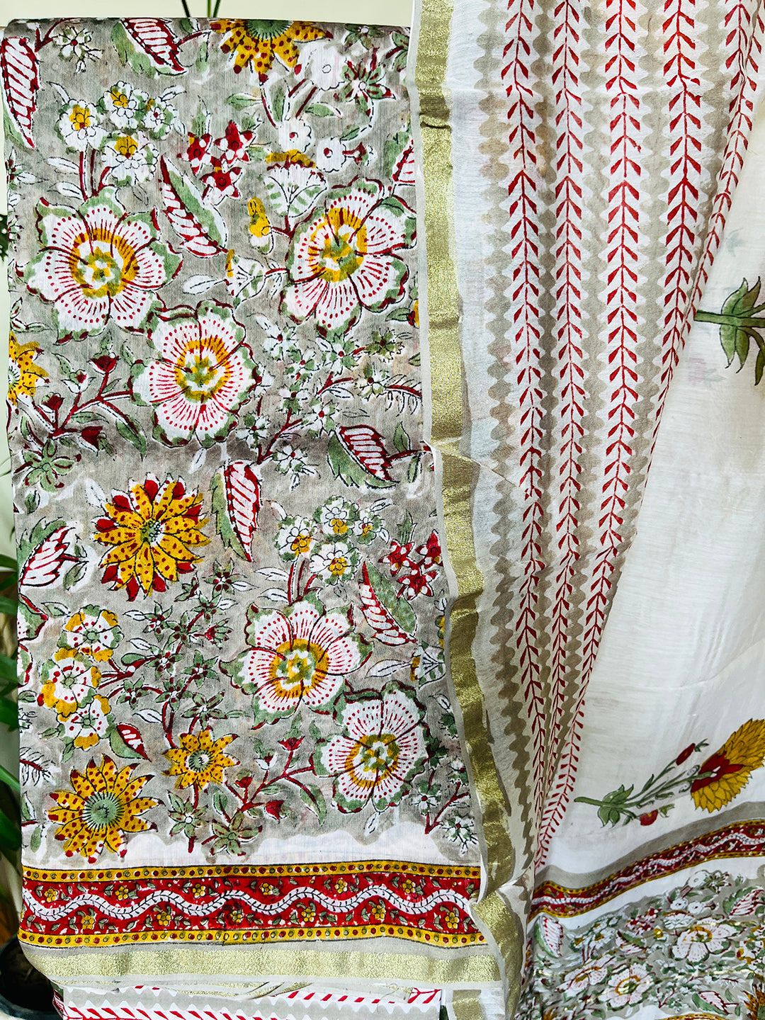 BLOCK PRINTED FLORAL GARDEN CHANDERI UNSTITCHED SUIT-SMOKE