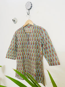SHORT KURTI HAND-BLOCK PRINTED SEA-GREEN