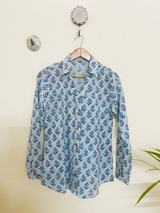 HAND-BLOCK PRINTED COTTON MULMUL SHIRT BLUE