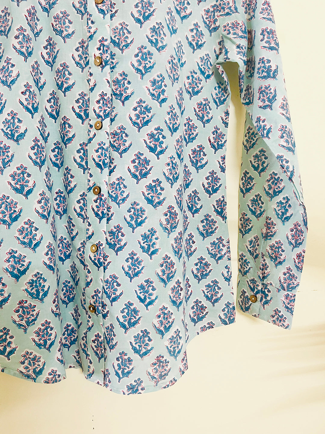 HAND-BLOCK PRINTED COTTON MULMUL SHIRT BLUE