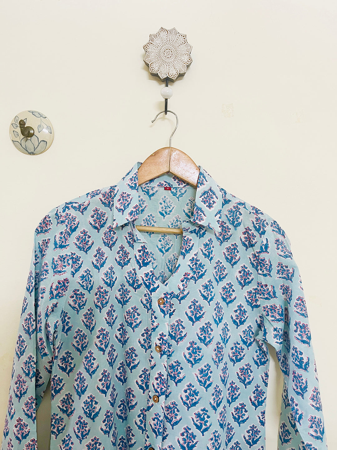 HAND-BLOCK PRINTED COTTON MULMUL SHIRT BLUE