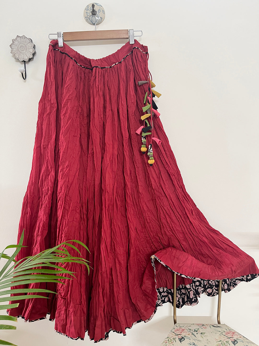 COTTON FLARED LONG SKIRT- DEEP RED