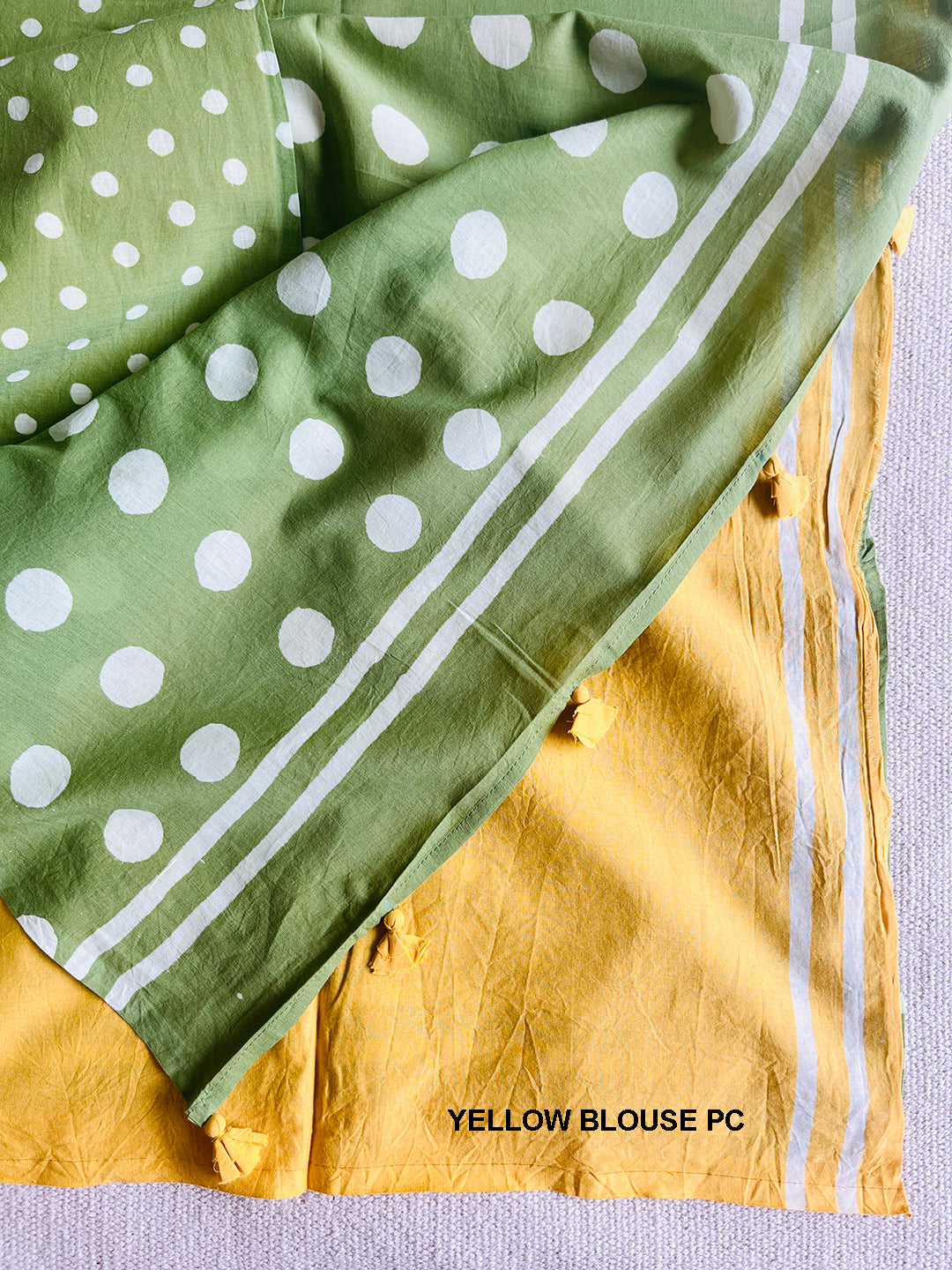 "POLKA-PLAY"  FRESH GREEN MULMUL SAREE