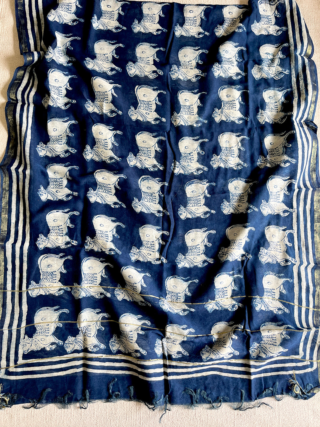 "PICHWAI COW" INDIGO CHANDERI SILK DUPATTA