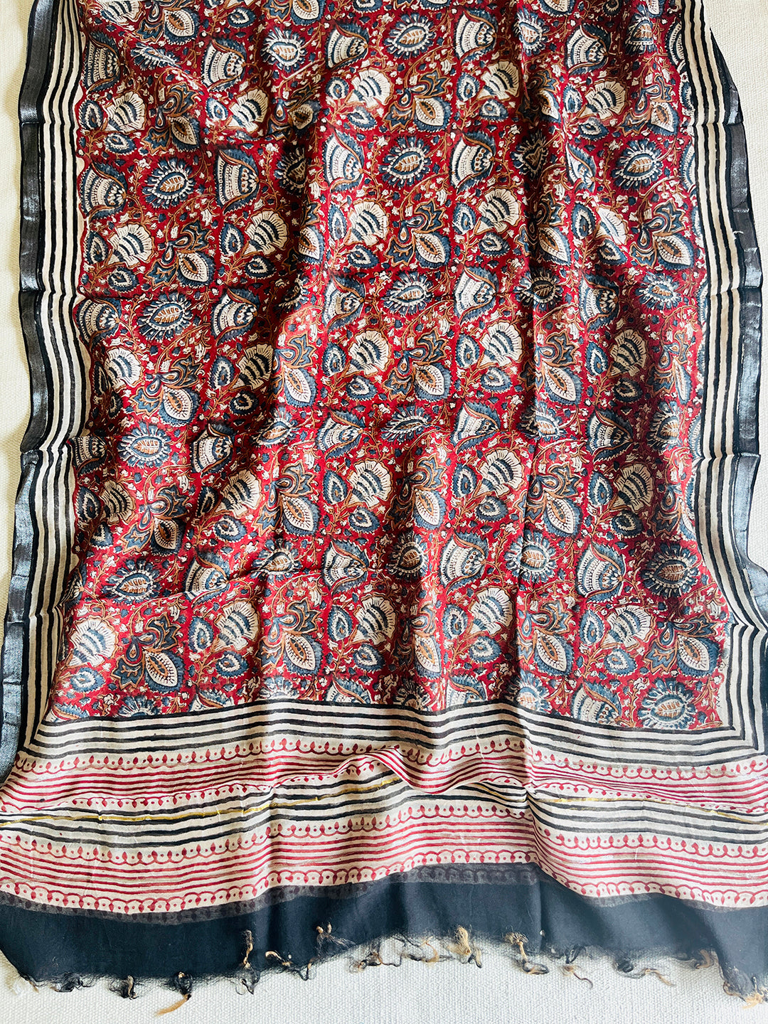 CHANDERI PASHMINA KALAMKARI ALLOVER JAAL DUPATTA- GARNET