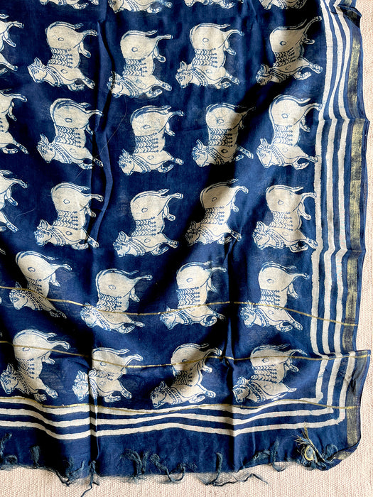"PICHWAI COW" INDIGO CHANDERI SILK DUPATTA