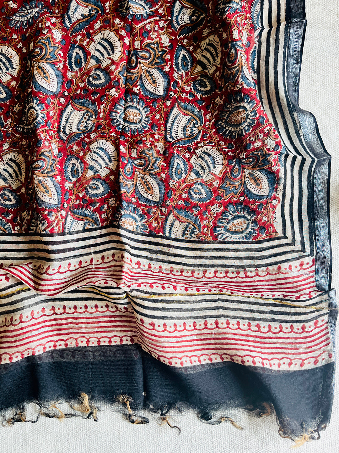 CHANDERI PASHMINA KALAMKARI ALLOVER JAAL DUPATTA- GARNET