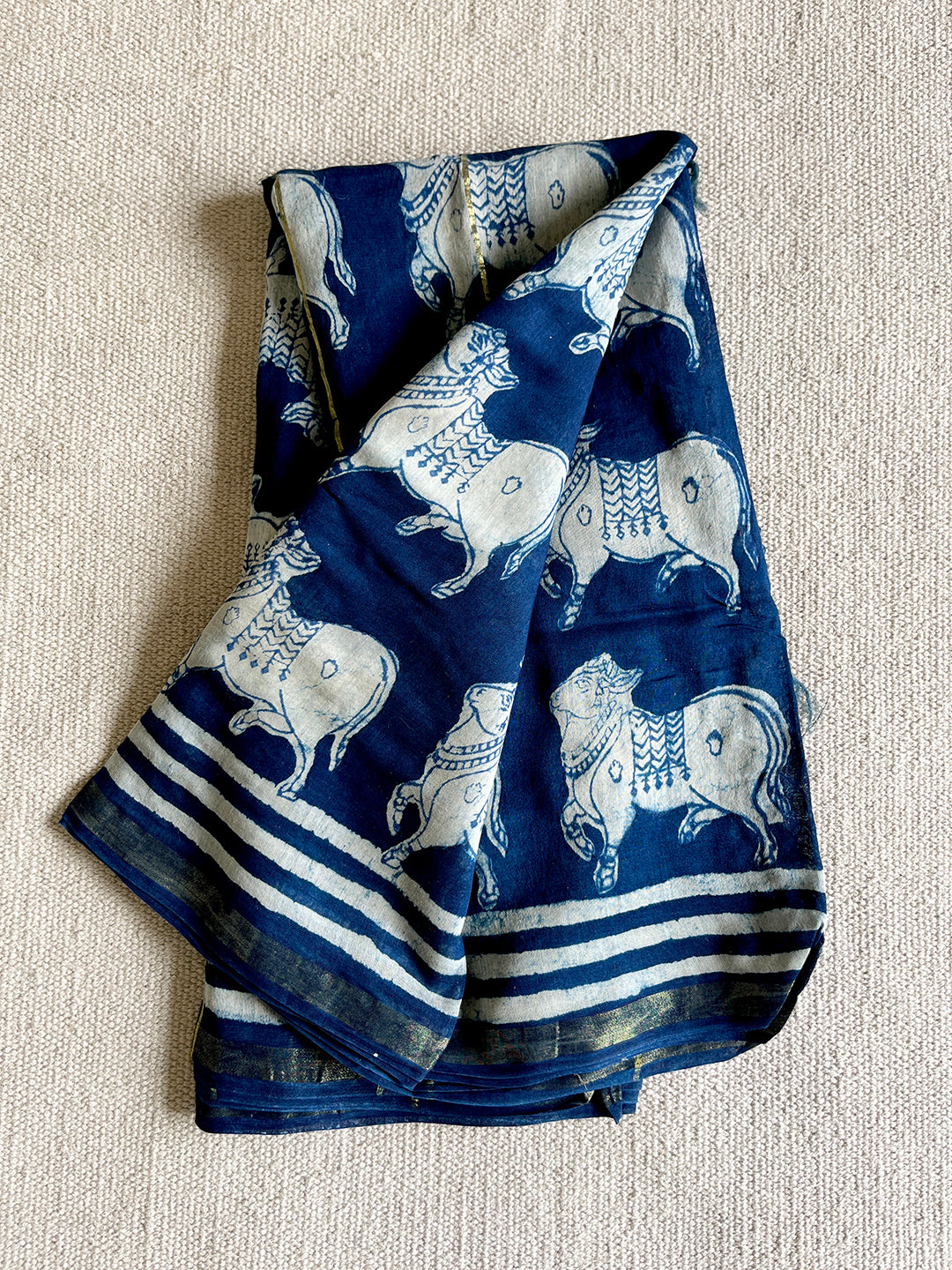 "PICHWAI COW" INDIGO CHANDERI SILK DUPATTA