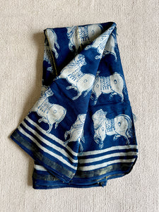 "PICHWAI COW" INDIGO CHANDERI SILK DUPATTA