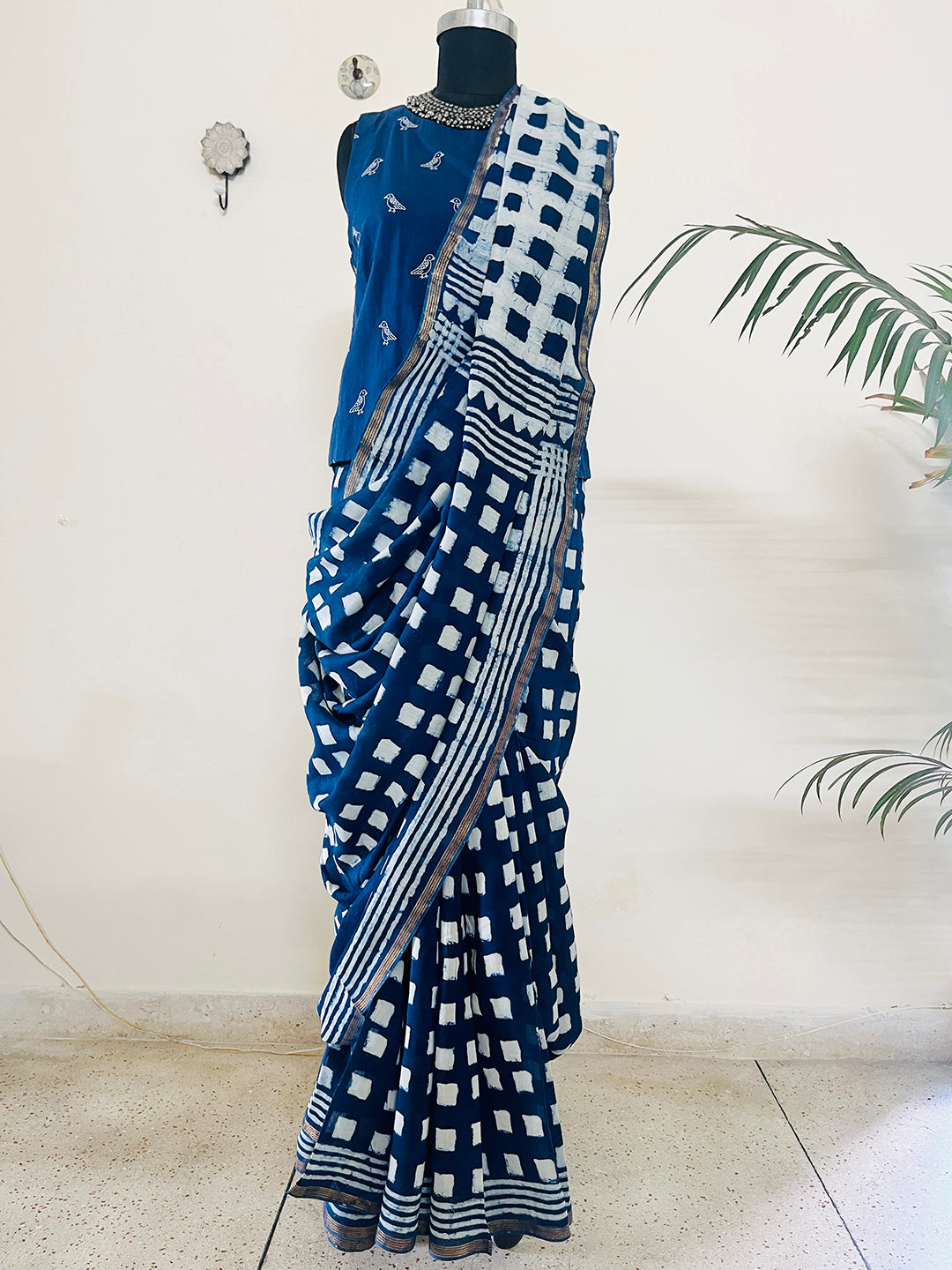 NEGATIVE-POSITVE INDIGO CHANDERI SILK SAREE