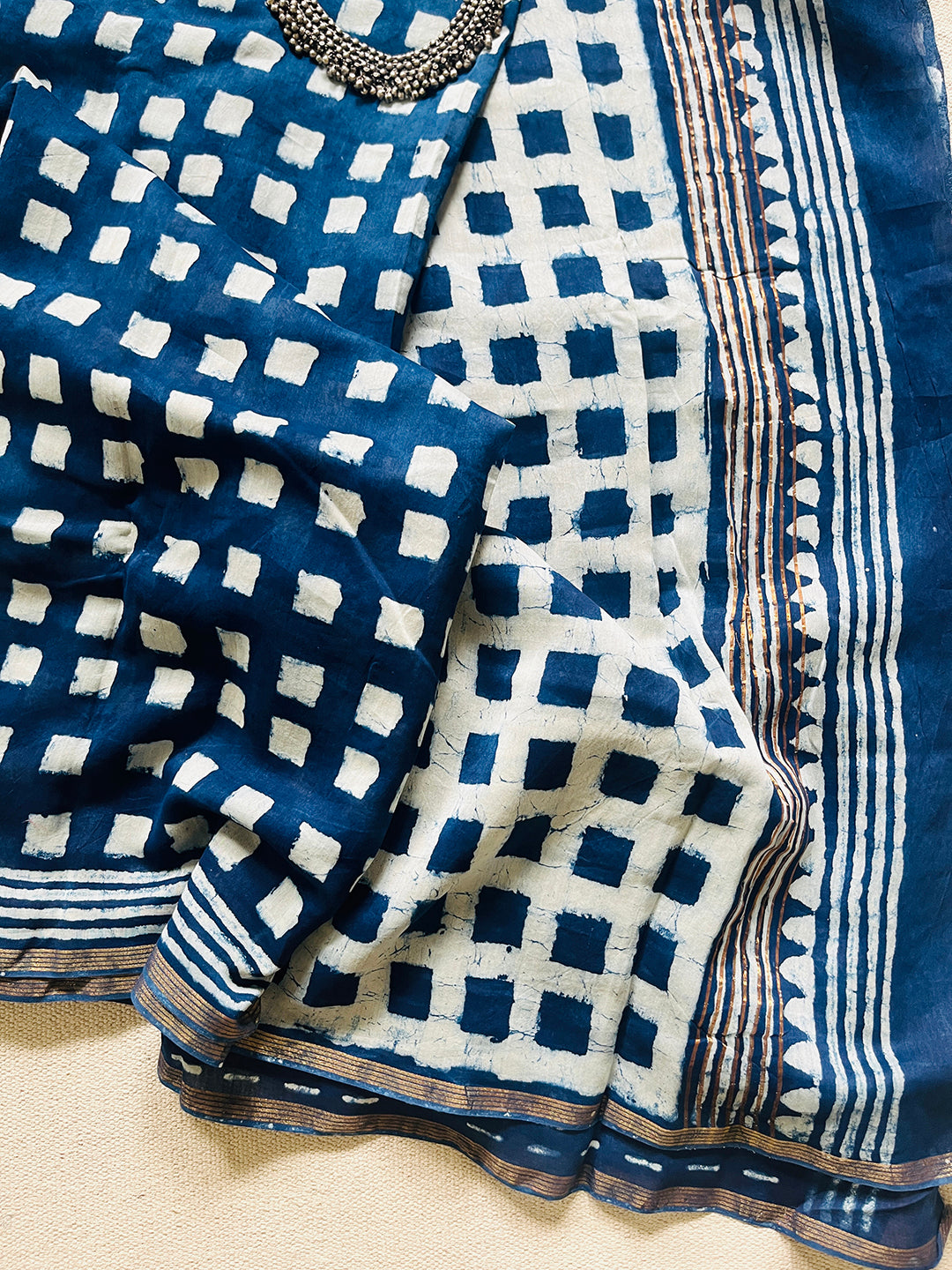 NEGATIVE-POSITVE INDIGO CHANDERI SILK SAREE