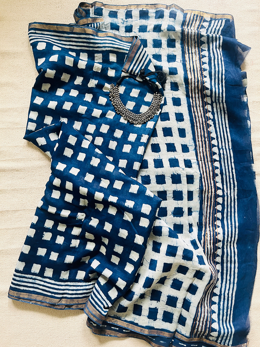 NEGATIVE-POSITVE INDIGO CHANDERI SILK SAREE