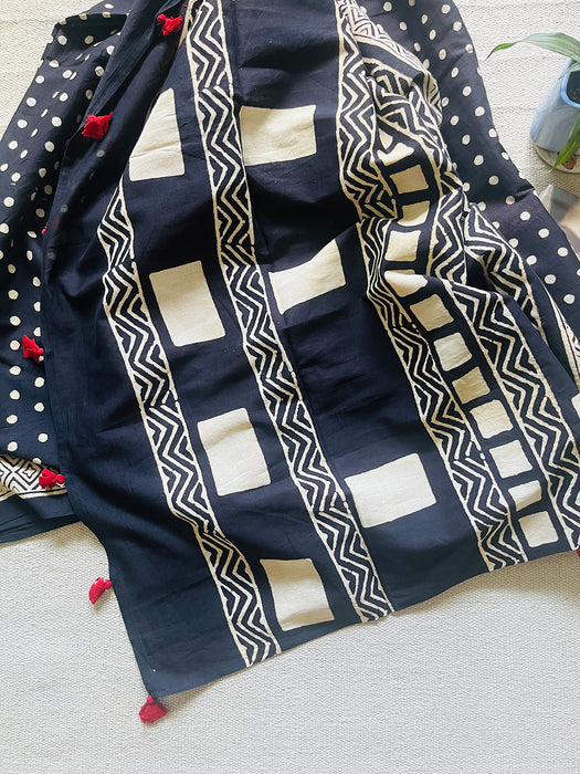 "POLKAS FOREVER" TASSELED MULMUL SAREE BLACK