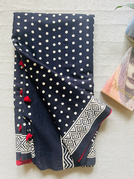 "POLKAS FOREVER" TASSELED MULMUL SAREE BLACK
