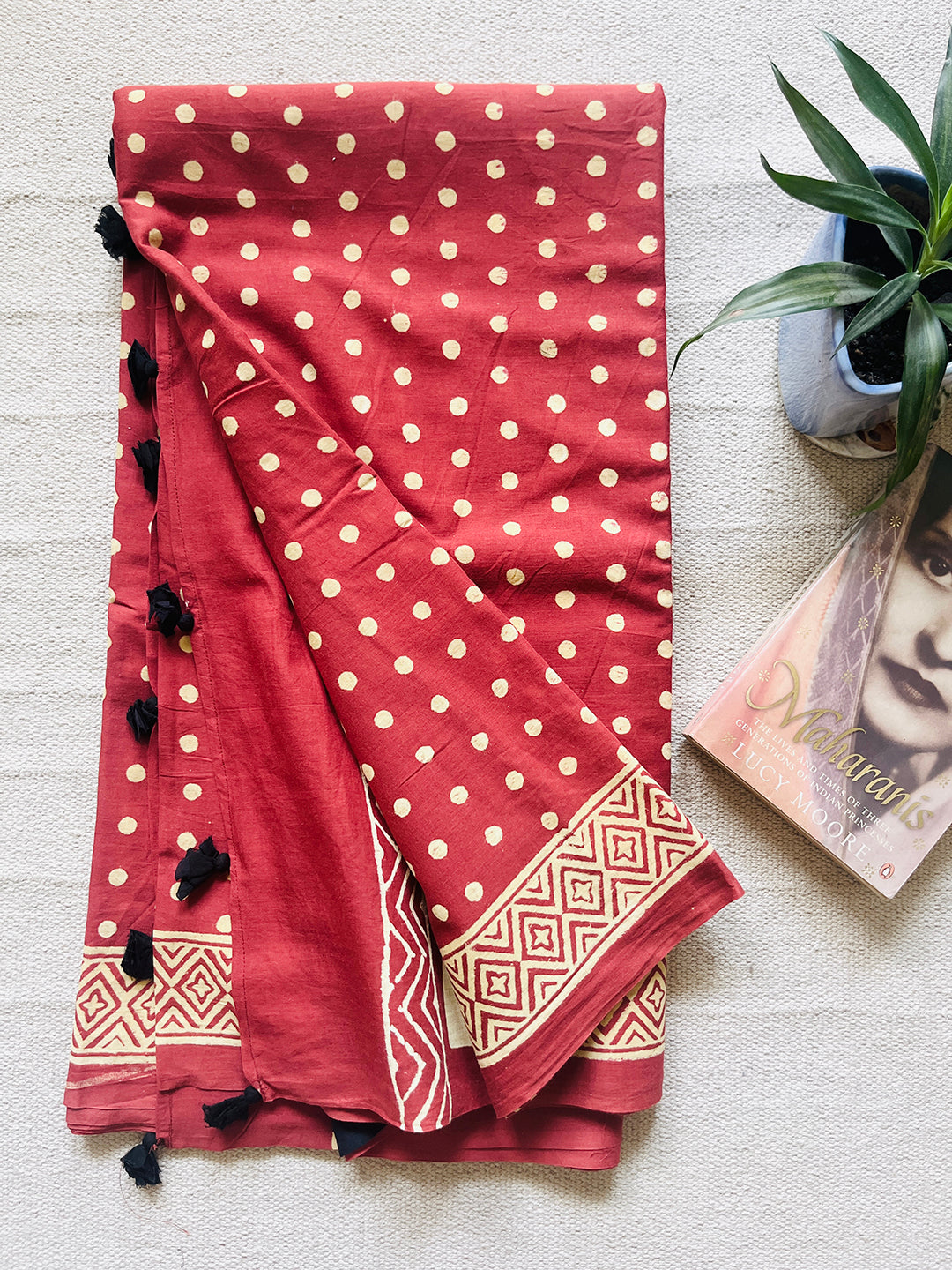"POLKAS FOREVER" TASSELED MULMUL SAREE SCARLET RED