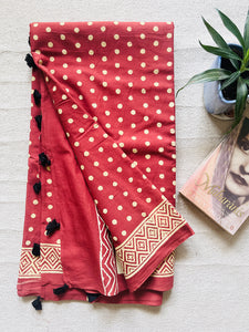 "POLKAS FOREVER" TASSELED MULMUL SAREE SCARLET RED