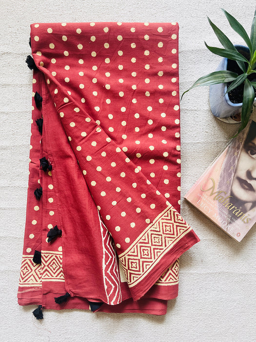 "POLKAS FOREVER" TASSELED MULMUL SAREE SCARLET RED