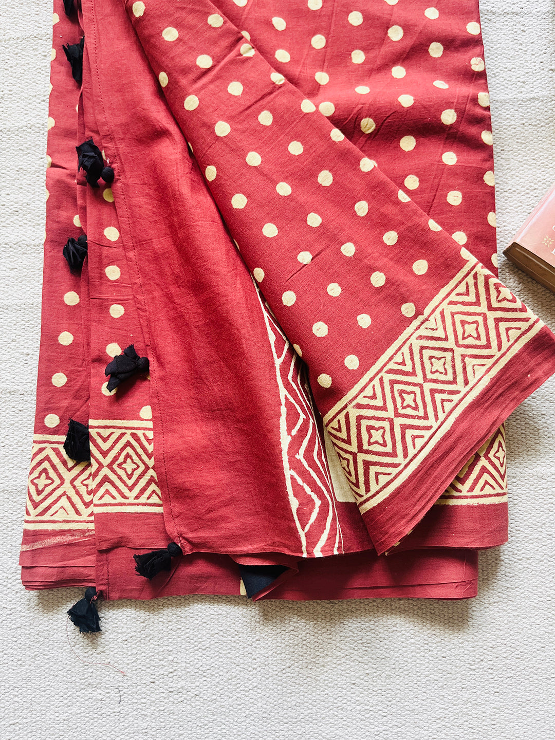 "POLKAS FOREVER" TASSELED MULMUL SAREE SCARLET RED