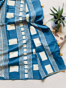 "POLKAS FOREVER" TASSELED MULMUL SAREE BLUE