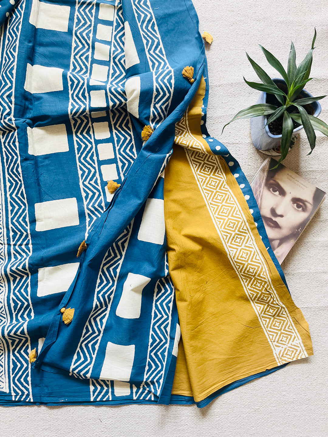 "POLKAS FOREVER" TASSELED MULMUL SAREE BLUE