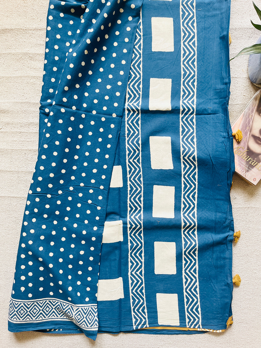 "POLKAS FOREVER" TASSELED MULMUL SAREE BLUE