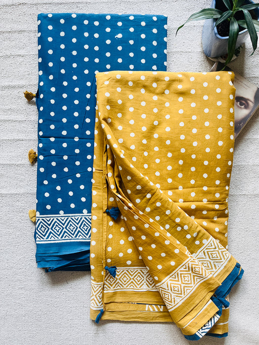 "POLKAS FOREVER" TASSELED MULMUL SAREE MUSTARD