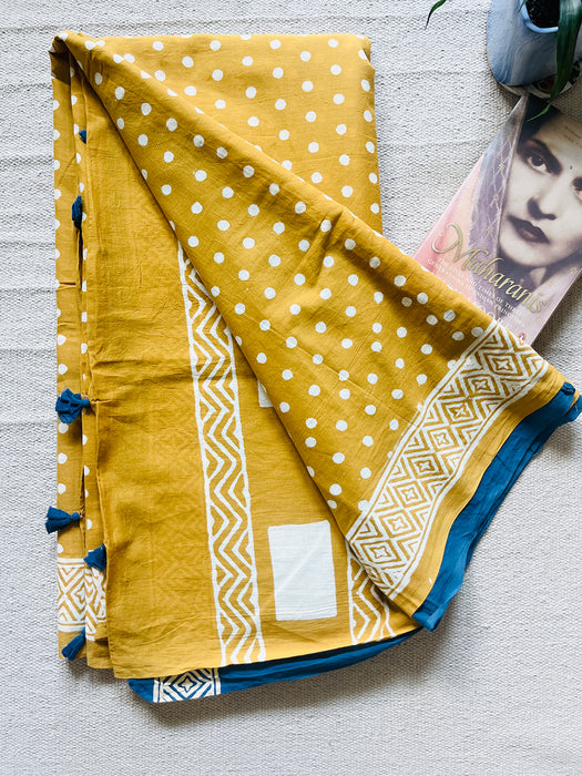 "POLKAS FOREVER" TASSELED MULMUL SAREE MUSTARD