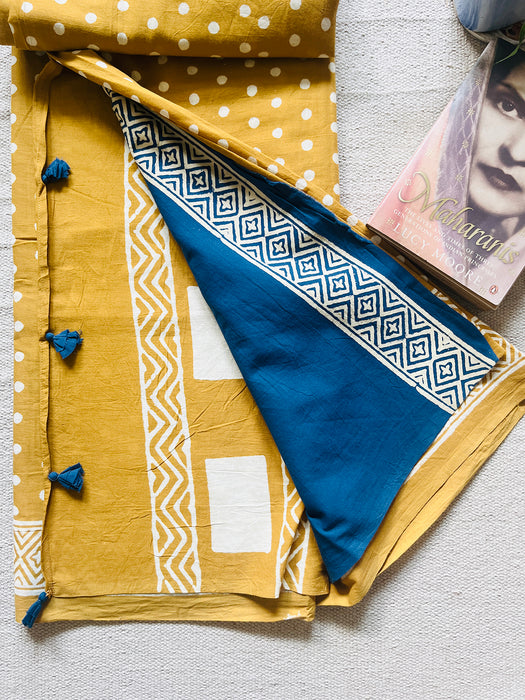 "POLKAS FOREVER" TASSELED MULMUL SAREE MUSTARD