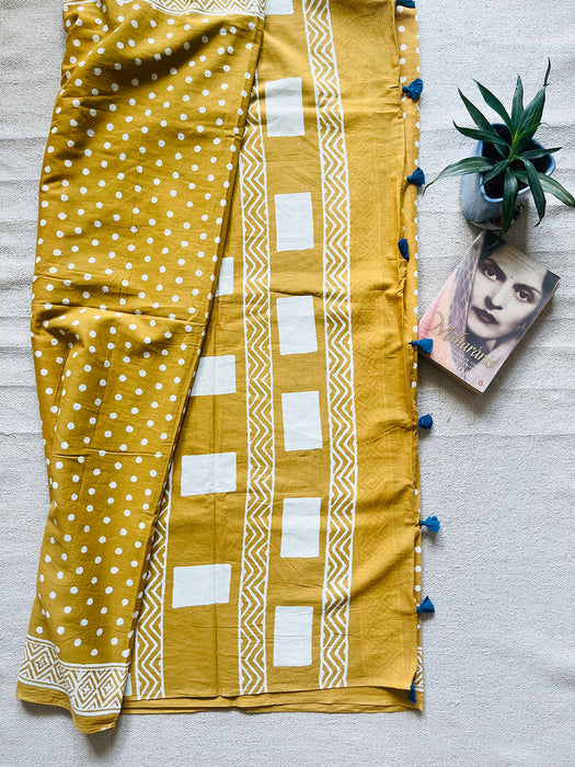 "POLKAS FOREVER" TASSELED MULMUL SAREE MUSTARD