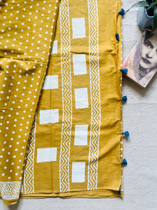 "POLKAS FOREVER" TASSELED MULMUL SAREE MUSTARD