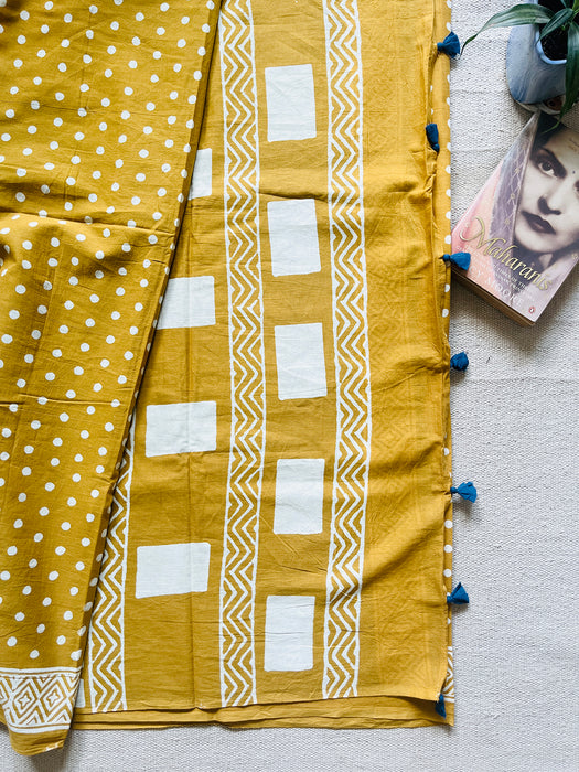 "POLKAS FOREVER" TASSELED MULMUL SAREE MUSTARD