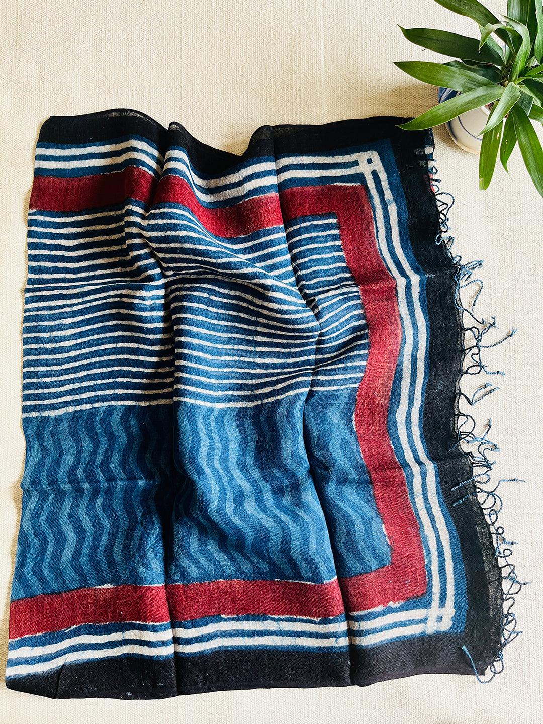 "DANCING STRIPES" INDIGO LINEN DUPATTA