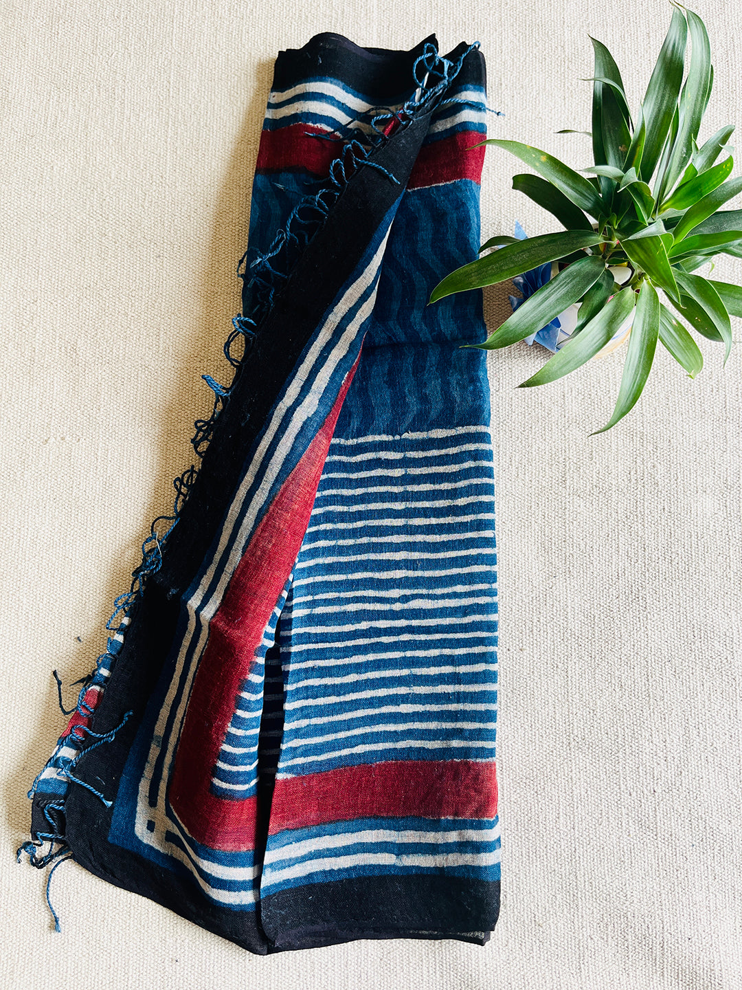 "DANCING STRIPES" INDIGO LINEN DUPATTA