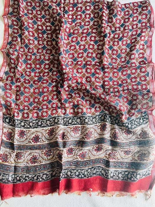CHANDERI PASHMINA KALAMKARI ALLOVER PRINT DUPATTA- GARNET