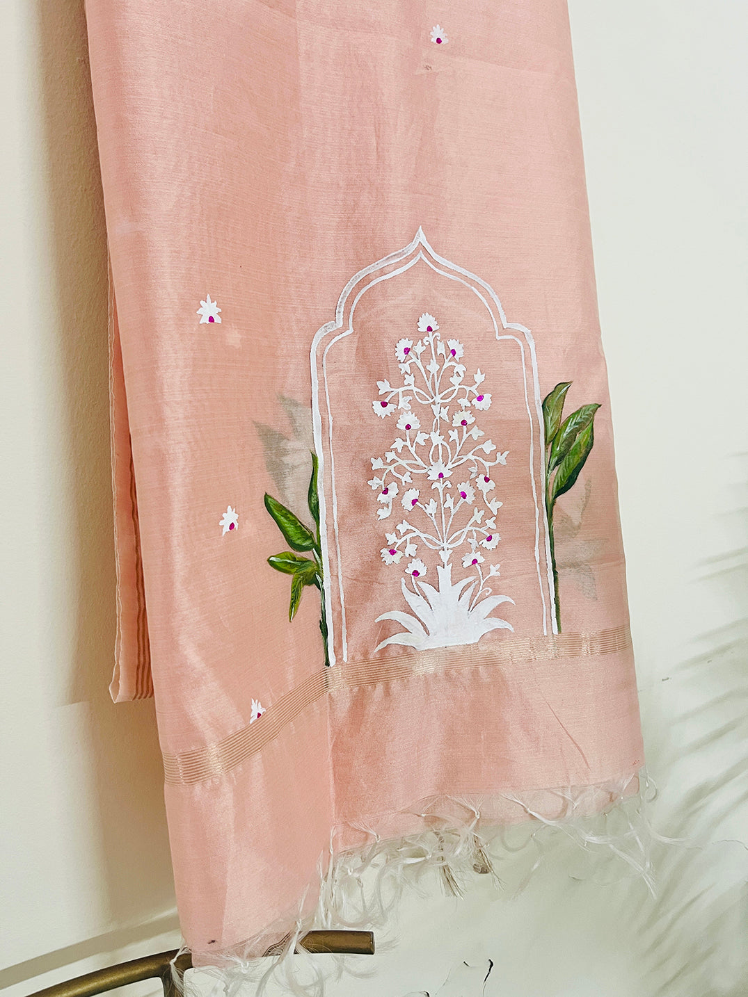 EXCLUSIVE- HAND PAINTED MUGHAL FLORAL CHANDERI SILK DUPATTA