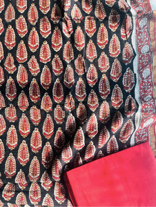 KALAMKARI BIG LEAF CHANDERI UNSTITCHED SUIT SET- BLACK