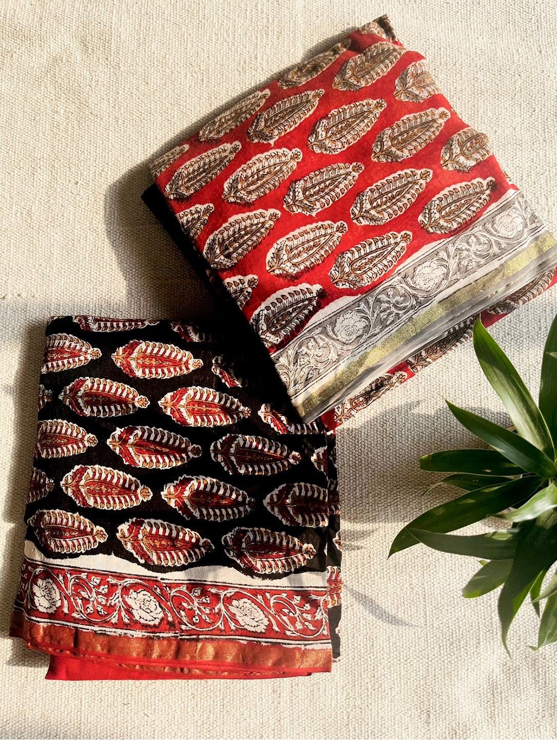 KALAMKARI BIG LEAF CHANDERI UNSTITCHED SUIT SET- BLACK