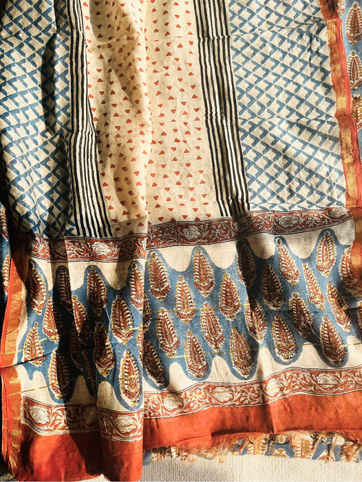 KALAMKARI BIG LEAF CHANDERI UNSTITCHED SUIT SET- BLUE